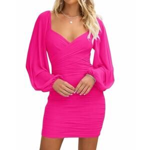 BTFBM Women's Small Bright Pink Sexy Ruched Long Sleeve Bodycon Mini Dress